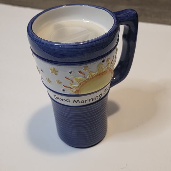 Set of 2 “Good Morning Sunshine!” Travel Mugs w Lids Blue Ceramic Coffee Cups - Picture 3 of 6